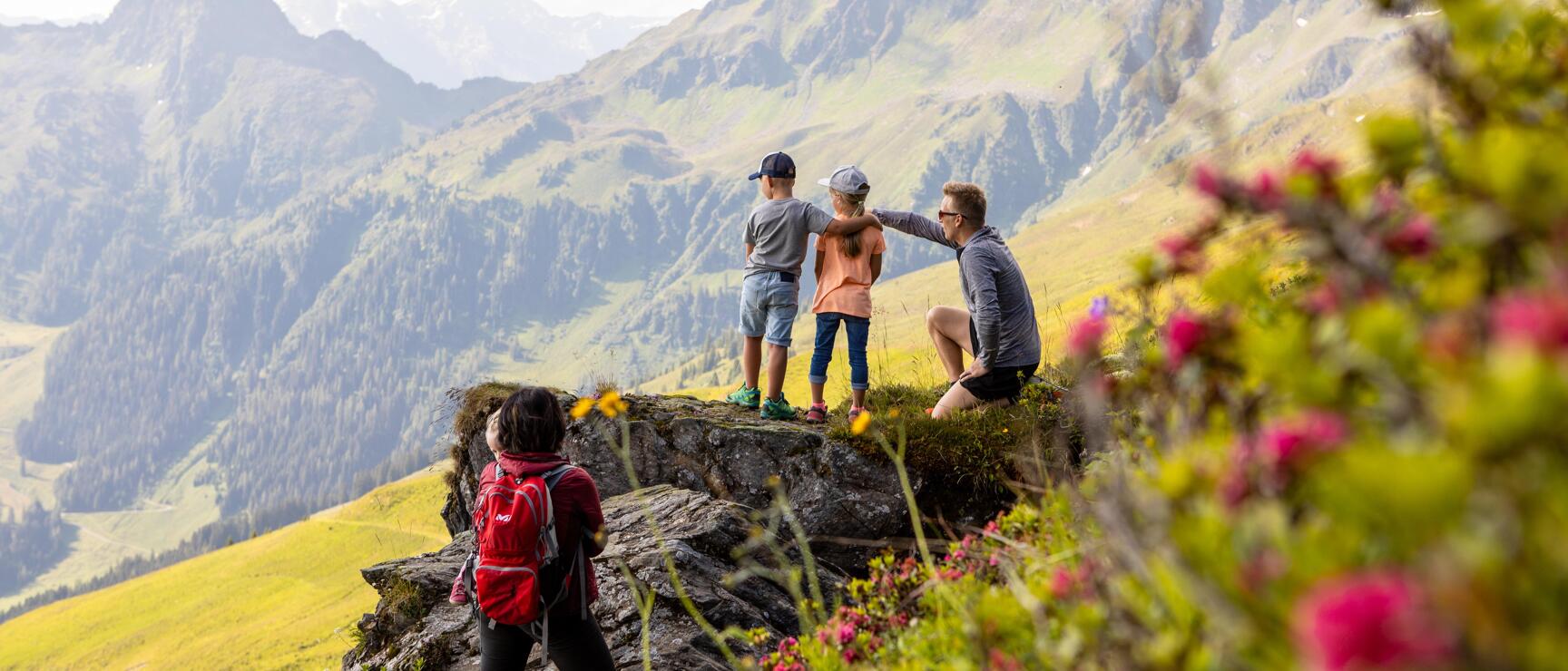 Two children and a man on rocks with a panoramic view of a mountain range in the Alpbachtal; a woman with a backpack; alpine roses in the foreground.