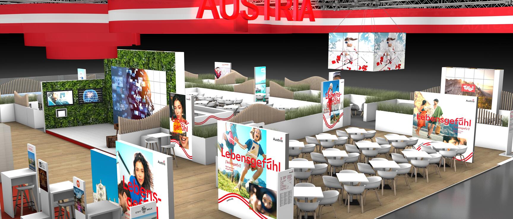 Österreich auf der ITB 2026: Render-Grafik des Österreich-Stands auf der ITB 2026.