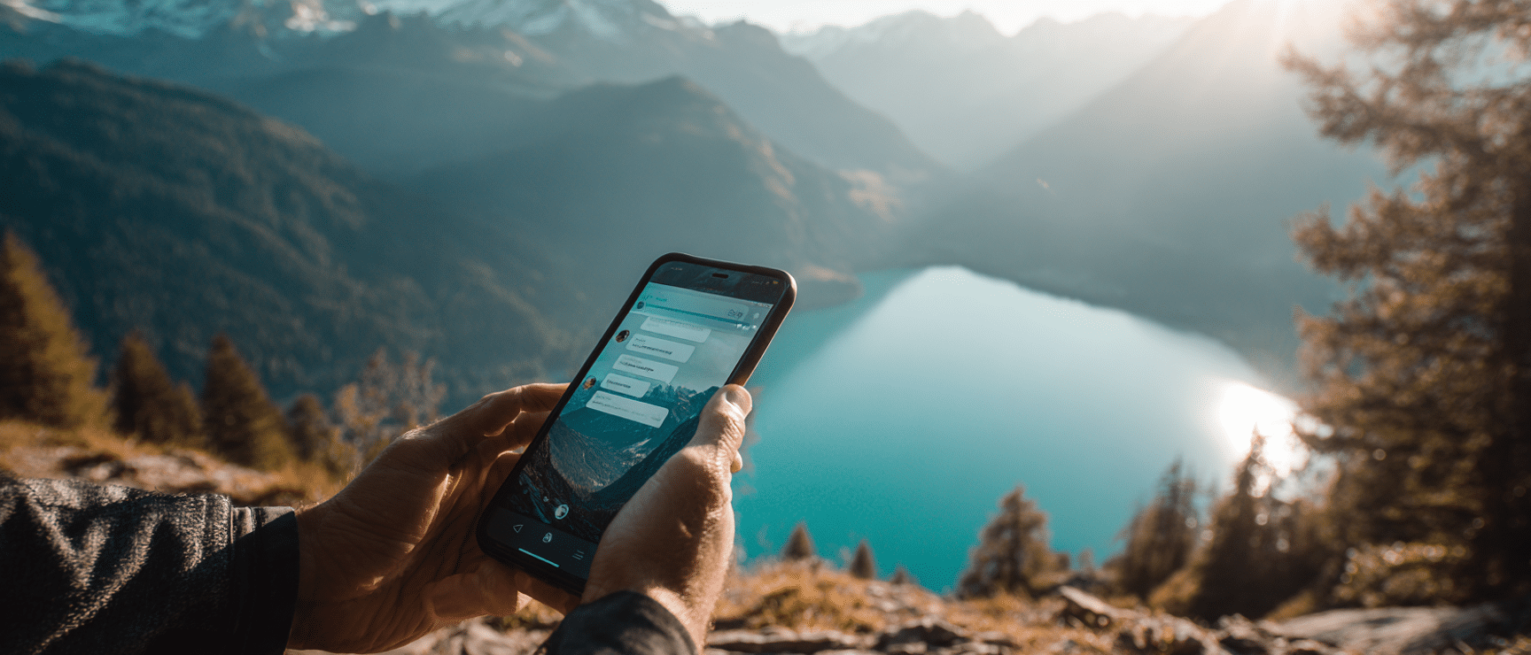Panoramablick von einer Klippe auf einen türkisfarbenen See, umgeben von Bergen und leichtem Nebel.