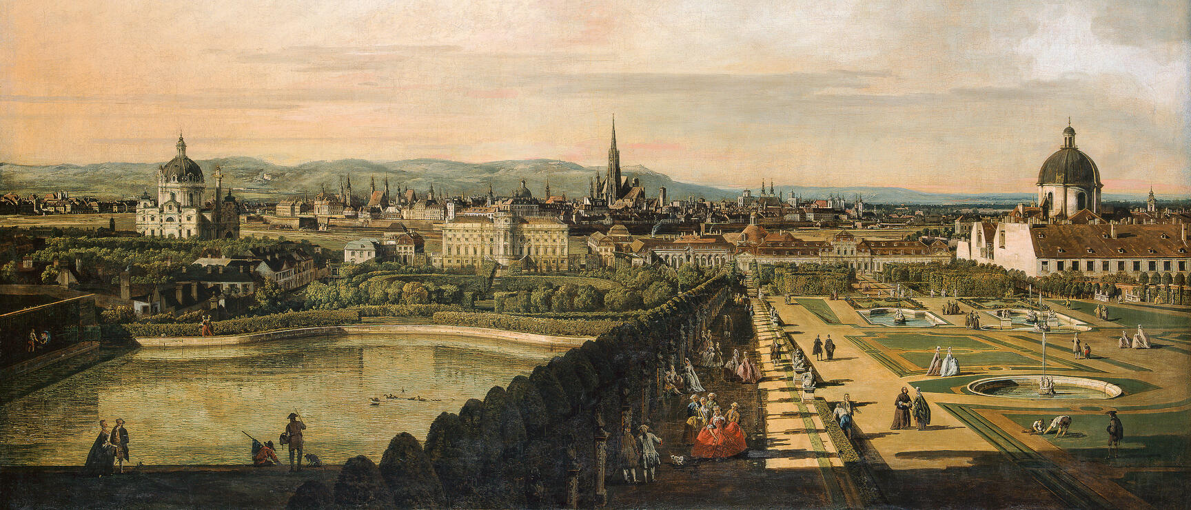 Historical painting: view from Belvedere Garden over Vienna, figures in Baroque clothing, St Stephen's Cathedral in background.