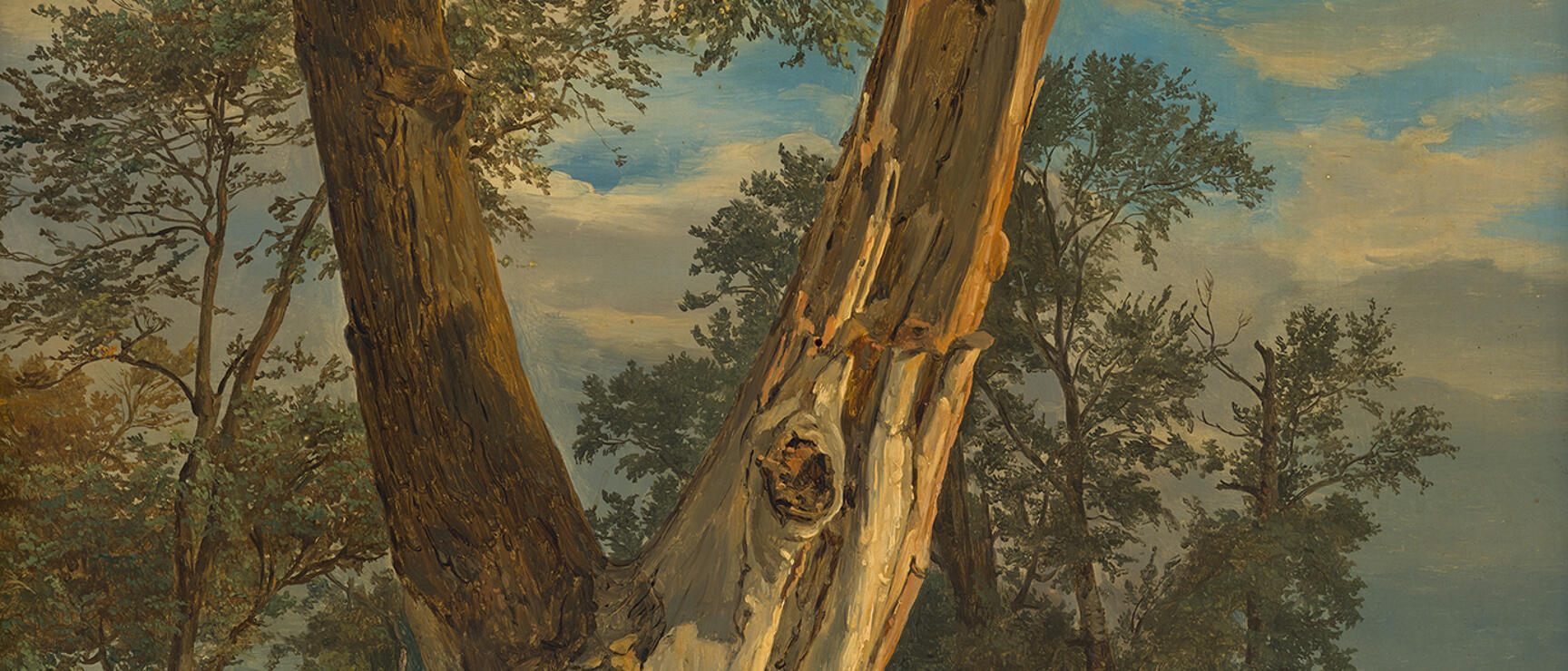 Painting: Mighty trees in a meadow with resting people and a barrel beneath them, blue sky.