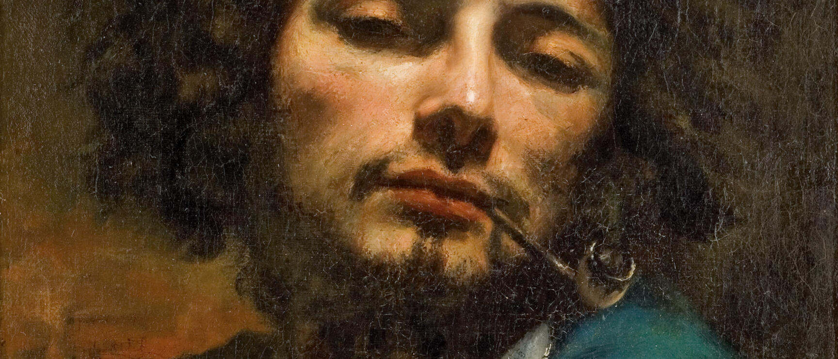 Oil painting: young man with curly hair, beard and pipe in mouth, blue garment. Signed 'G. Courbet'.