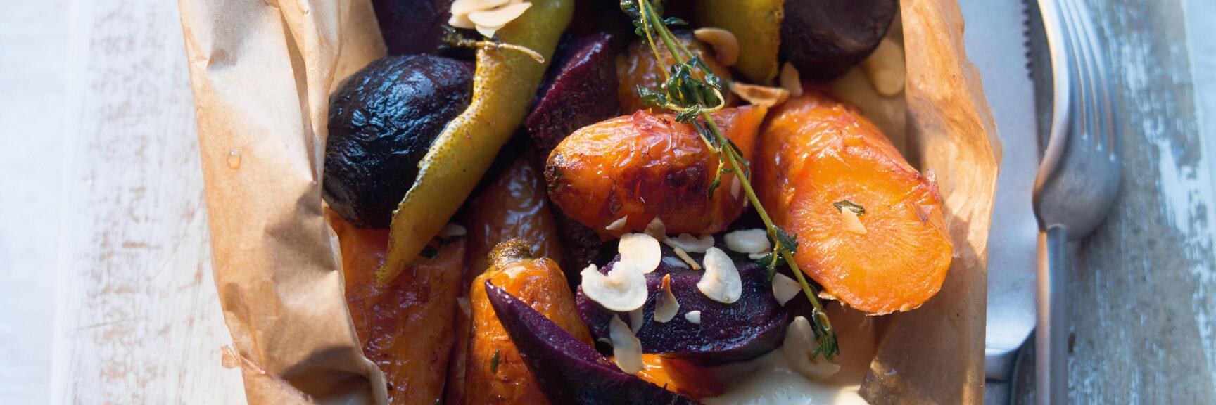Braised primeval carrots with hazelnut mousse