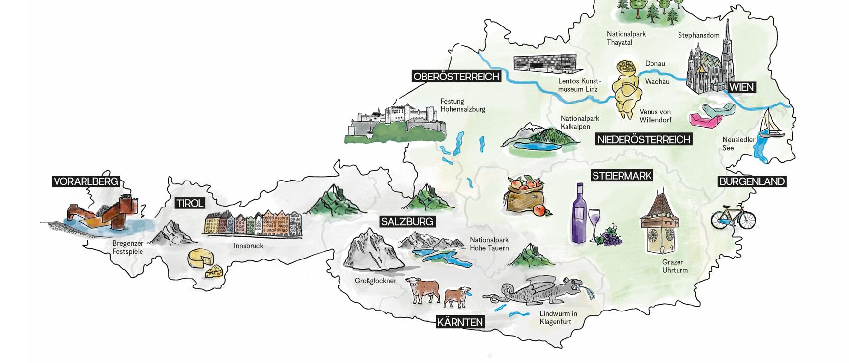 Illustrated map of Austria with federal states, landmarks and symbols including St. Stephen's Cathedral, Grossglockner and Clock Tower.