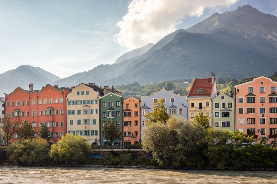 Innsbruck, Colorful row of houses on the banks of Inn river