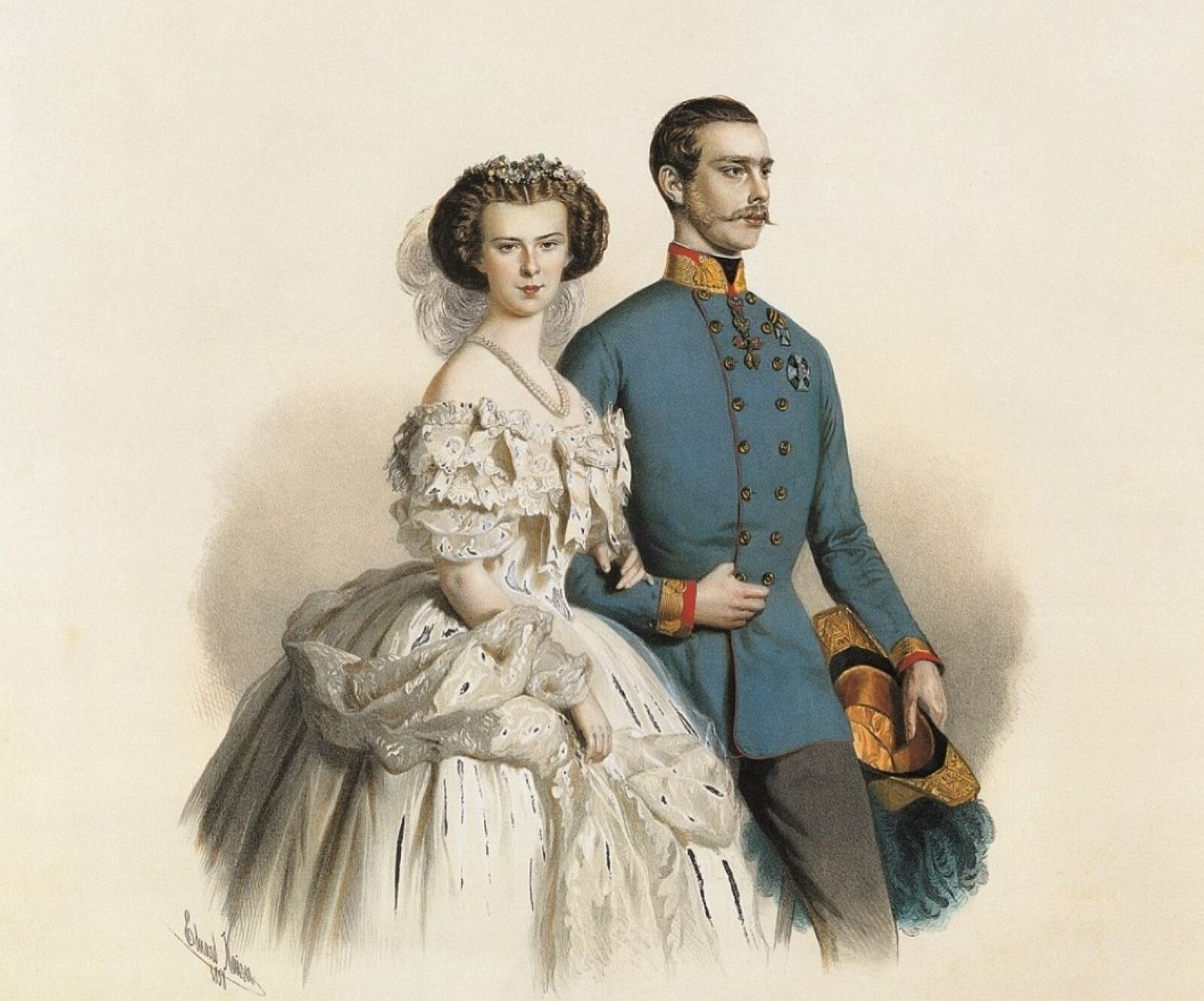 Kaiser Franz Joseph und Kaiserin Elisabeth. Kolorierte Lithografie von Eduard Kaiser, 1857