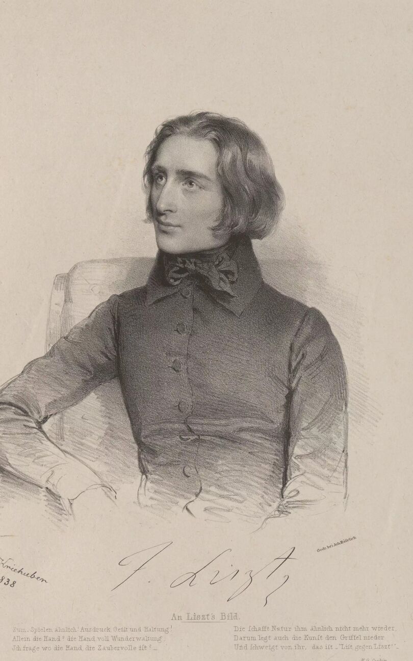 Porträt von Franz Liszt, Lithografie 1838 von Josef Kriehuber, Ausschnitt