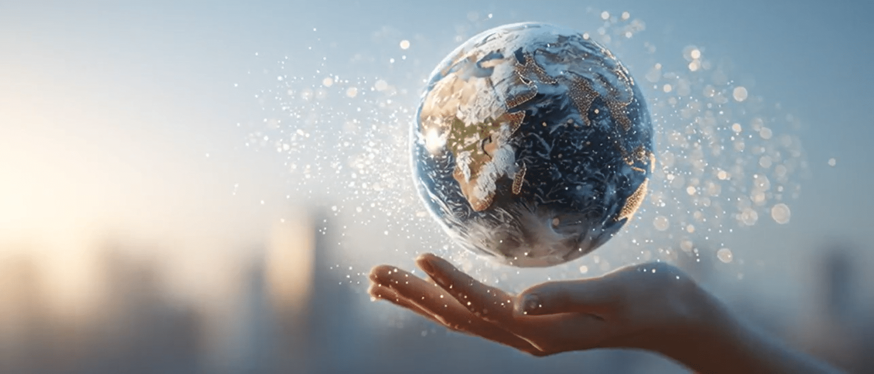 Eine Hand hält einen schwebenden Globus mit Lichtpartikeln, unscharfer Stadthintergrund.