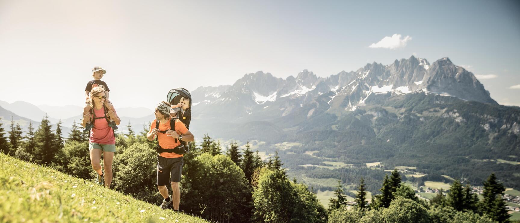 Wandern am Harschbichl mit dem Wilden Kaiser im Hintergrund