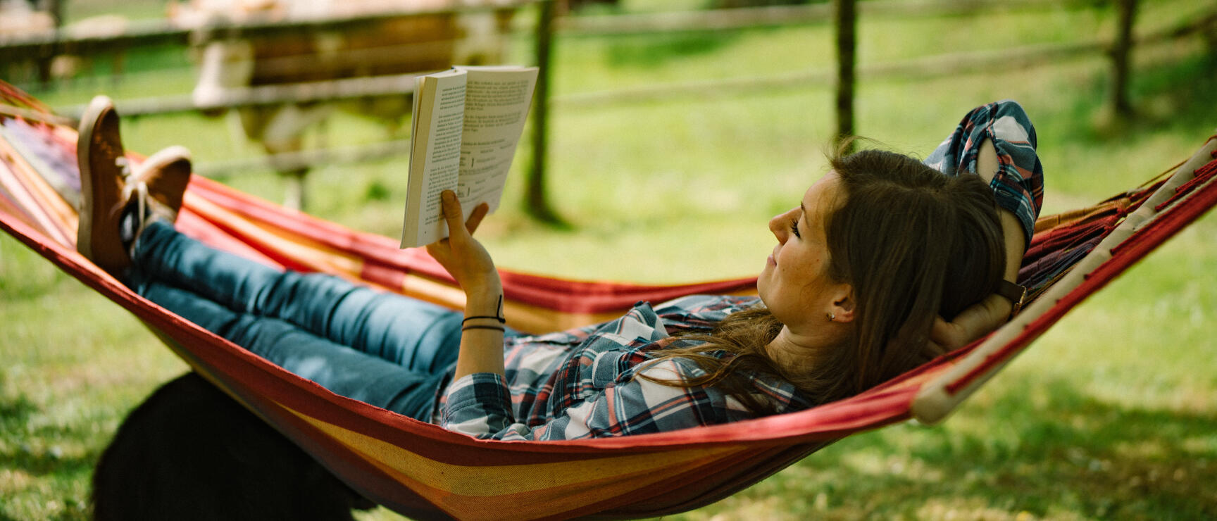 Young woman reading in red hammock on green meadow, cows and trees in background.
